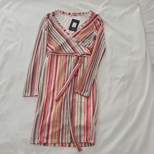 Fashion Nova Multicolor Striped Wrap Dress in Pink, Orange & Cream